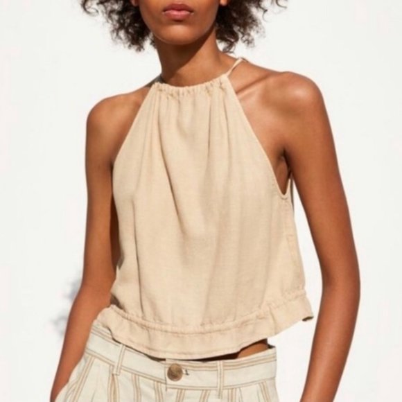 Zara Tops - Zara Linen Blend Tie Back Halter Top Size M